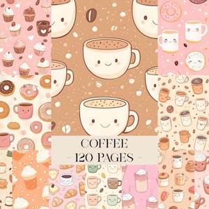 May include: A collage of illustrations featuring coffee cups, donuts, cupcakes, and coffee beans in a variety of colors. The text "COFFEE - 120 PAGES -" is displayed in a white font on a brown background.