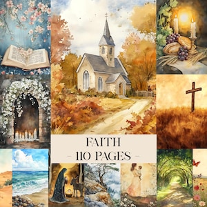 May include: Watercolor illustrations with a religious theme. The images include a church, open book, cross, and other scenes. The text "FAITH - 110 PAGES" is displayed in the center of the image. The color palette is warm, with earthy tones.