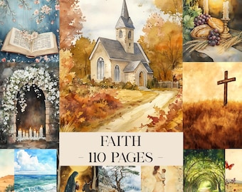 Faith Junk Journal Kit Paper, Christianity Watercolor Digital Ephemera, Shabby Chic Collage Scrapbook Papers, Vintage Page Background