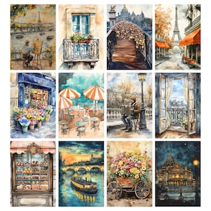 May include: A collection of watercolor paintings depicting scenes of Paris. The artwork includes images of the Eiffel Tower, cafes, bridges, flower shops, and musicians. The paintings are in a soft, impressionistic style, with a focus on capturing the light and atmosphere of the city.