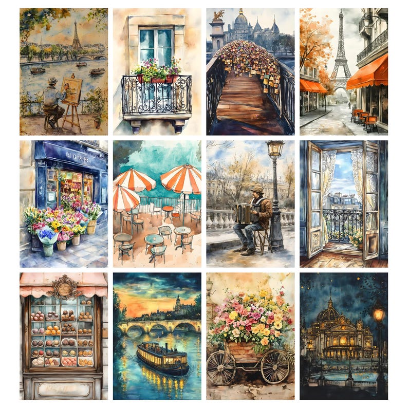 May include: A collection of watercolor paintings depicting scenes of Paris. The artwork includes images of the Eiffel Tower, cafes, bridges, flower shops, and musicians. The paintings are in a soft, impressionistic style, with a focus on capturing the light and atmosphere of the city.