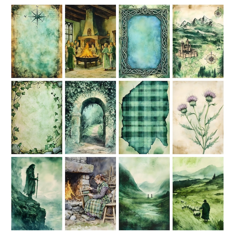 May include: A collection of watercolor illustrations with a Celtic theme. The images include a compass rose, a gathering around a fire, a Celtic knot frame, a map with a castle, ivy, an archway, plaid, thistles, a figure on a cliff, a woman weaving, a landscape, and a shepherd.