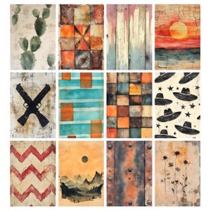 May include: A collection of twelve watercolor-style art prints. The prints feature various abstract and nature-inspired designs, including cacti, geometric patterns, wood textures, sunsets, crossed guns, and floral motifs. The color palette includes earthy tones, blues, and oranges.