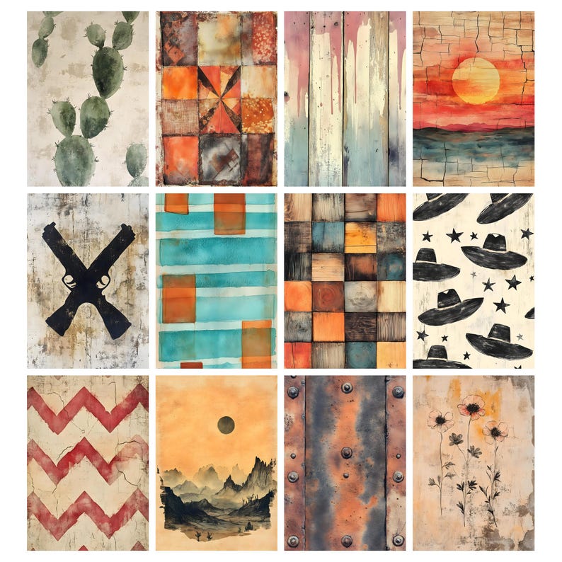 May include: A collection of twelve watercolor-style art prints. The prints feature various abstract and nature-inspired designs, including cacti, geometric patterns, wood textures, sunsets, crossed guns, and floral motifs. The color palette includes earthy tones, blues, and oranges.