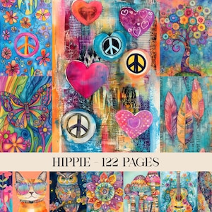 Hippie Junk Journal Kit, Printable Boho Journal Pages, Psychedelic Scrapbook Paper Pack, Colorful Hippie Ephemera, Boho Journal Kit, Digital
