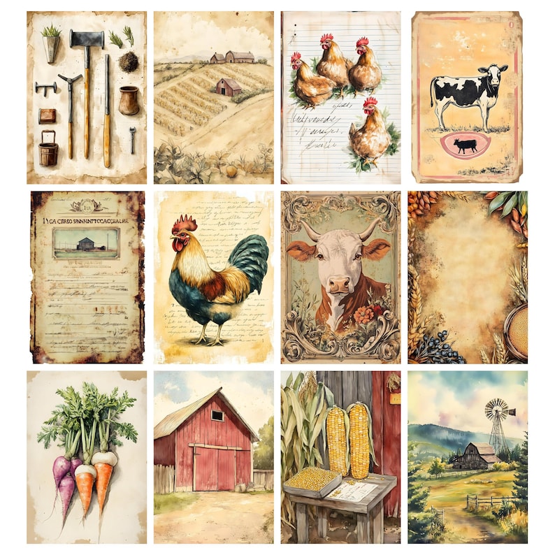 Vintage bondgårds-ephemera, digitalt collageark, utskrivbart skräpjournalkit för lantlig användning, scrapbook-papper för bondgårdsliv, utskrivbara bilder på bondgårdsdjur bild 8