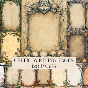 May include: A collection of Celtic writing pages with various decorative borders. The designs include skulls, wolves, owls, and foxes, with a total of 120 pages. The pages have a parchment-like appearance, with a vintage aesthetic.