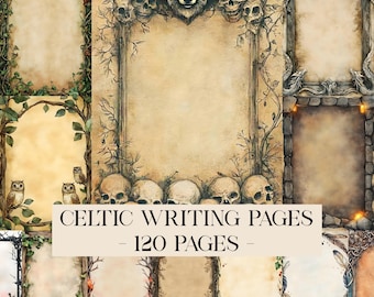 May include: A collection of Celtic writing pages with various decorative borders. The designs include skulls, wolves, owls, and foxes, with a total of 120 pages. The pages have a parchment-like appearance, suitable for themed writing projects.