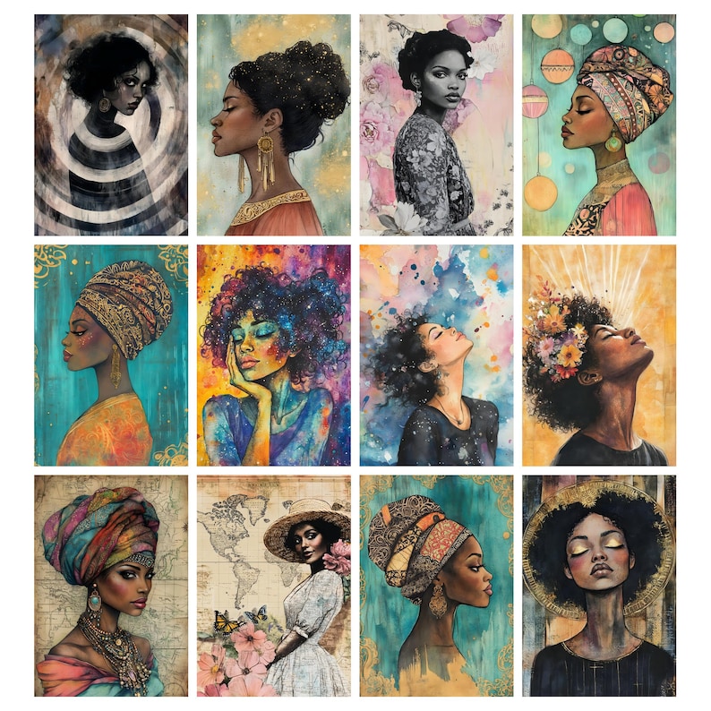 May include: A collection of twelve art prints featuring portraits of Black women. The artwork showcases diverse styles, including watercolor and mixed media, with vibrant colors and intricate details. Each portrait captures a unique expression and style, with some adorned with head wraps and floral accents.