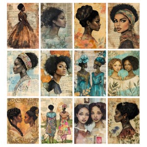 May include: A collection of twelve watercolor art prints featuring portraits of Black women. The artwork showcases various hairstyles, clothing, and accessories, with a vintage aesthetic. The color palette includes warm tones, blues, and greens, with a focus on detail and expression.