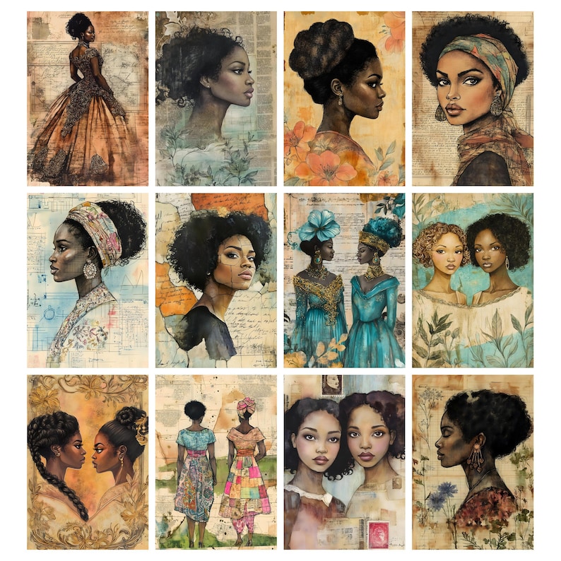 May include: A collection of twelve watercolor art prints featuring portraits of Black women. The artwork showcases various hairstyles, clothing, and accessories, with a vintage aesthetic. The color palette includes warm tones, blues, and greens, with a focus on detail and expression.