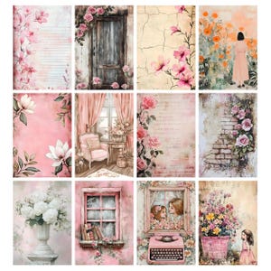 May include: A collection of twelve vintage-style art prints featuring floral and architectural themes. The prints showcase soft pink and cream tones, with images of flowers, doors, windows, and interior scenes. The overall aesthetic is romantic and nostalgic.