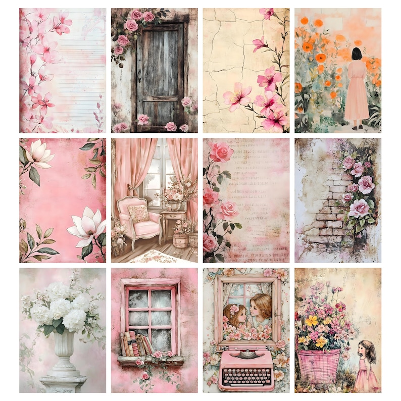 May include: A collection of twelve vintage-style art prints featuring floral and architectural themes. The prints showcase soft pink and cream tones, with images of flowers, doors, windows, and interior scenes. The overall aesthetic is romantic and nostalgic.