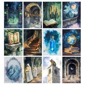May include: A collection of watercolor paintings with a fantasy theme. The images depict scenes such as a gothic gate, a long hallway, an open book with candles, a full moon over a balcony, a blue potion bottle, and a globe on books.
