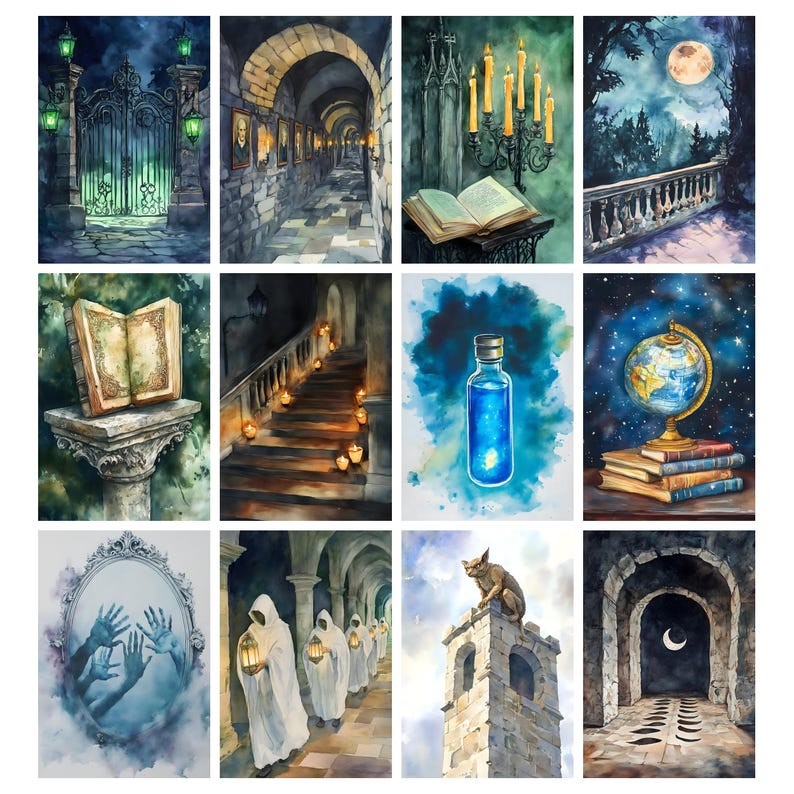 May include: A collection of watercolor paintings with a fantasy theme. The images depict scenes such as a gothic gate, a long hallway, an open book with candles, a full moon over a balcony, a blue potion bottle, and a globe on books.