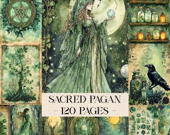 Sacred Pagan Junk Journal Pages, Digital Scrapbook Paper, Green Witch Printable, Mystic Moon Backgrounds, Celestial Collage Sheet, Grimoire