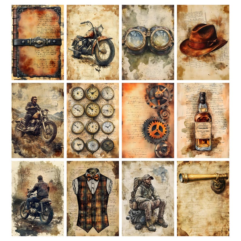 K&ouml;nnte beinhalten: Eine Sammlung von Illustrationen im Vintage-Stil auf gealtertem Papier. Die Bilder zeigen ein ledergebundenes Notizbuch, ein Motorrad, Steampunk-Brillen, einen Fedora-Hut, Taschenuhren, Zahnr&auml;der, eine Whiskyflasche, eine Weste mit Fliege, einen Wanderer und ein Fernrohr.