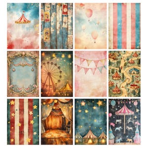 May include: A collection of twelve watercolor illustrations featuring circus and carnival themes. The images include a carousel, Ferris wheel, hot air balloons, circus tents, and decorative bunting, all in a vintage style with a soft color palette.