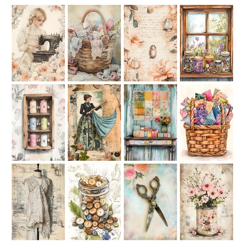 Vintage Sewing Junk Journal Pages, Digital Scrapbook Paper Kit ...
