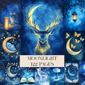 Puede incluir: Una colección de ilustraciones en acuarela con temática celestial. Las imágenes presentan un ciervo con una luna creciente, un búho, un lobo y una luna creciente con una cara. Se muestra el texto "MOONLIGHT - 122 PAGES".