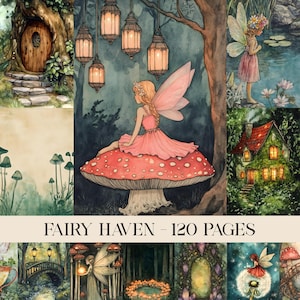 Könnte beinhalten: Aquarellillustration mit Feen-Thema. Das Bild zeigt eine Fee auf einem Pilz, ein Feenhaus und andere skurrile Elemente. Der Text "FAIRY HAVEN - 120 PAGES" wird am unteren Rand des Bildes angezeigt.