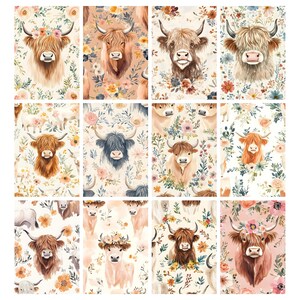 May include: A collection of watercolor illustrations of Highland cows, each with a unique coat color and floral accents. The cows are set against a backdrop of soft, pastel-colored floral patterns, creating a rustic and charming aesthetic.