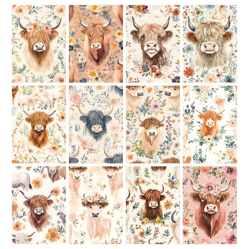 May include: A collection of watercolor illustrations of Highland cows, each with a unique coat color and floral accents. The cows are set against a backdrop of soft, pastel-colored floral patterns, creating a rustic and charming aesthetic.