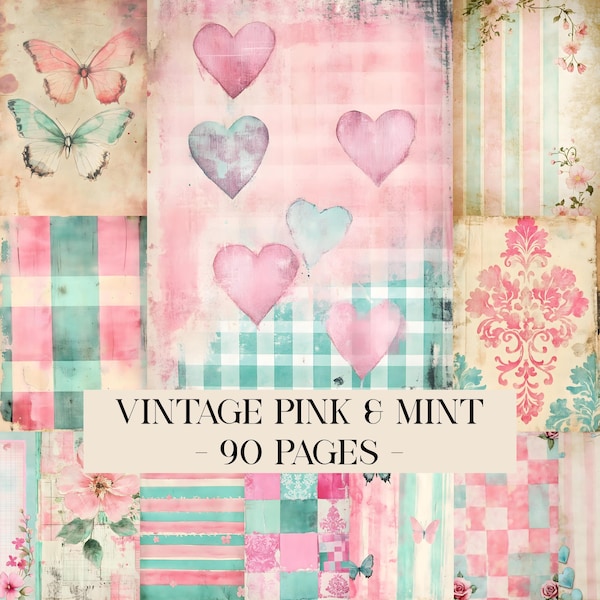 Vintage Pink and Mint Junk Journal Paper, Distressed Cottage Shabby Chic, Antique Distressed Filler Pages For Scrapbook, Digital Printable