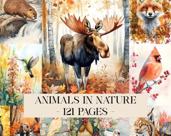 Watercolor Animals In Nature Pages, Junk Journal Kit, Scrapbook Paper, Digital Paper, Safari, Wild Animals, Farm Animals, Printable Pages