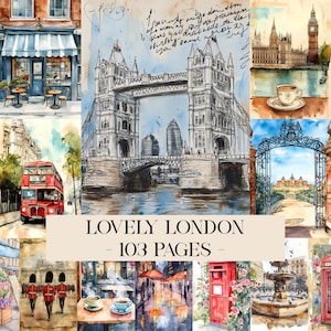 May include: A collage of watercolor illustrations featuring iconic London landmarks. The images include Tower Bridge, a red double-decker bus, a red telephone booth, and a cafe. Text reads "LOVELY LONDON - 103 PAGES".