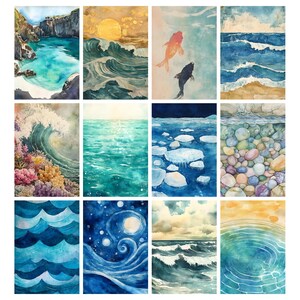 Op de afbeelding: Een verzameling aquarel schilderijen die verschillende oceaansc&egrave;nes uitbeelden. De kunstwerken omvatten afbeeldingen van golven, zeeleven en kustlandschappen. Het kleurenpalet bevat blauw, groen en geel, wat een serene en artistieke esthetiek cre&euml;ert.