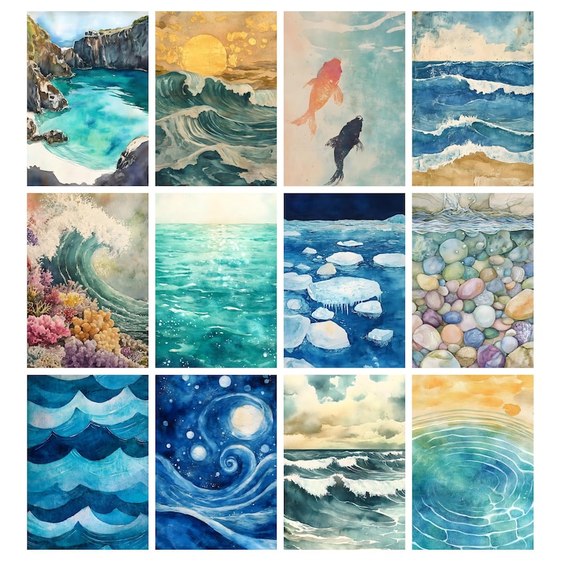 Op de afbeelding: Een verzameling aquarel schilderijen die verschillende oceaansc&egrave;nes uitbeelden. De kunstwerken omvatten afbeeldingen van golven, zeeleven en kustlandschappen. Het kleurenpalet bevat blauw, groen en geel, wat een serene en artistieke esthetiek cre&euml;ert.