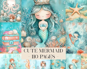 Páginas fofas de sereia para diário de recortes, páginas de sereia em tons pastel, diário de praia, diário náutico, papéis para scrapbook com tema oceano, kit de recortes imprimível