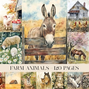 Farm Junk Journal Pages, Digital Watercolor Countryside Paper, Printable Vintage Scrapbook Kit, Farm Animals Collage Sheet, Country Living