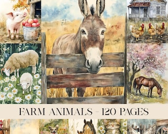 Farm Junk Journal Pages, Digital Watercolor Countryside Paper, Printable Vintage Scrapbook Kit, Farm Animals Collage Sheet, Country Living