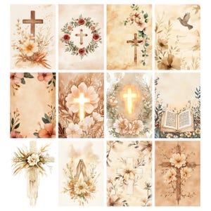 May include: A collection of watercolor art prints featuring crosses and floral arrangements in soft, muted tones. Each print showcases a cross design, surrounded by flowers, leaves, and other decorative elements. The color palette includes beige, brown, and peach.