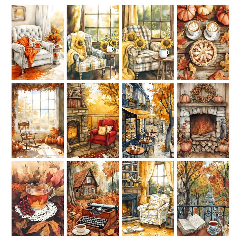 May include: Watercolor paintings depicting cozy autumn scenes. Images include armchairs with blankets, sunflowers, pumpkins, coffee, pie, a fireplace, a rocking chair, a cafe, a cabin, a typewriter, and a cup of tea.