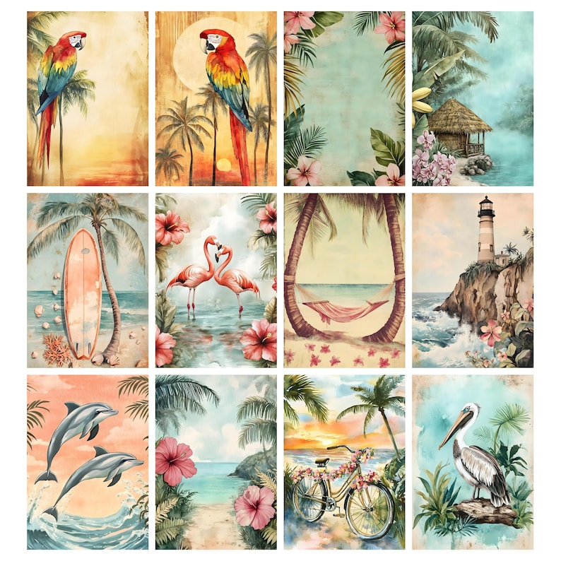 May include: A collection of twelve rectangular wall art prints featuring tropical themes including parrots, flamingos, a lighthouse, dolphins, a pelican, a surfboard, a bicycle, a hammock, and palm trees, all rendered in a soft, watercolor-style aesthetic.