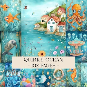 May include: A set of quirky ocean-themed illustrations. The artwork features colourful sea creatures, including goldfish, an octopus, and a seahorse, along with coastal scenes and a carousel. The text "Quirky Ocean - 102 Pages" is displayed across the image.