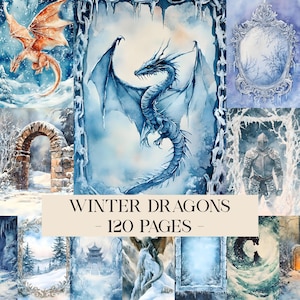 Puede incluir: Una colección de ilustraciones en acuarela con dragones en entornos invernales. Las imágenes incluyen una variedad de dragones en tonos azules y naranjas, junto con paisajes invernales y elementos arquitectónicos. El texto dice "Winter Dragons - 120 Pages -."