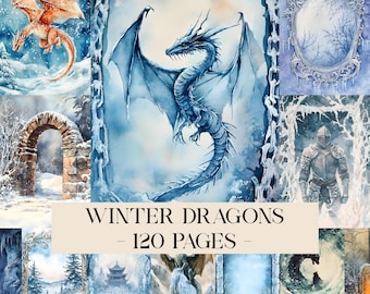 Winter Dragons Backgrounds Junk Journal Kit, Winter Dragon Paper, Fantasy Junk Journal Pages, Dragon Journal, Enchanted Forest Journal Diy