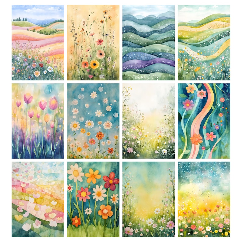 May include: A collection of twelve watercolor paintings featuring vibrant floral and landscape scenes. Each piece showcases colorful flowers, rolling hills, and dreamy backgrounds in shades of pink, yellow, blue, and green. The artwork evokes a sense of nature and tranquility.
