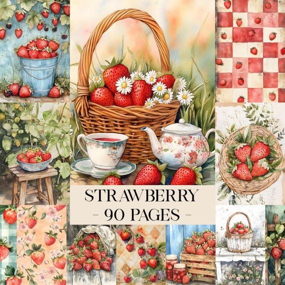 Strawberry Junk Journal Kit, Vintage Strawberry Journal, Strawberry Ephemera, Strawberry Digital Papers, Fruit Junk Journal Pages, Scrapbook