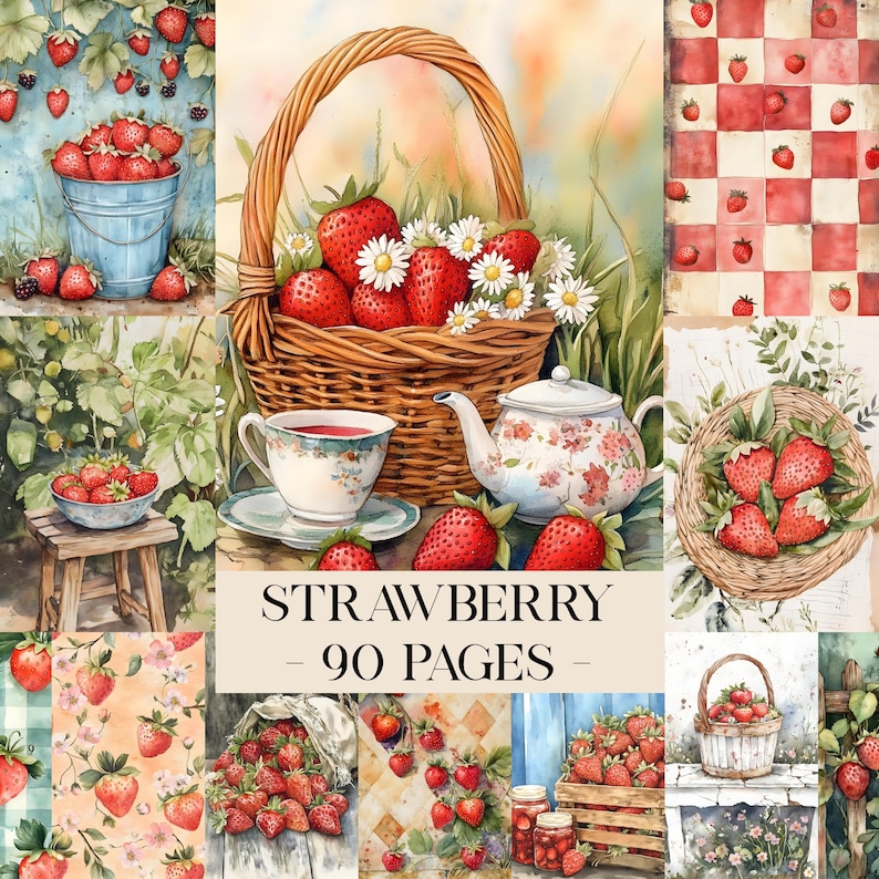 Puede incluir: Un collage de ilustraciones en acuarela con fresas. Se muestra una cesta de fresas con margaritas, un juego de t&eacute; y un cubo de fresas. Tambi&eacute;n se ve el texto "STRAWBERRY - 90 PAGES".