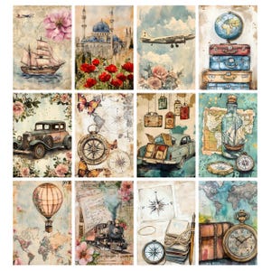 May include: A collection of vintage-style travel-themed art prints. Each print features watercolor illustrations of a sailboat, airplane, globe, antique car, compass, hot air balloon, train, and luggage. The prints have a faded, antique aesthetic with floral and map backgrounds.