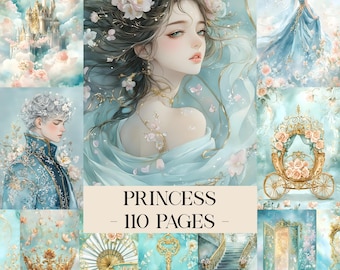 Páginas de diario de princesas, cuento de hadas encantado, kit de diario de menta, hojas de collage de diario de fantasía, papeles de álbum de recortes Shabby Chic, efímeras