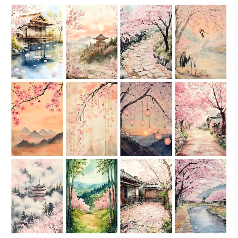 May include: A collection of watercolor paintings depicting Japanese landscapes. Each painting features cherry blossoms, pagodas, and serene scenes of nature. The artwork evokes a sense of tranquility and the beauty of spring.