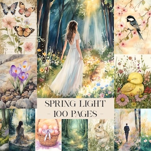May include: A collage of watercolor illustrations featuring butterflies, flowers, a woman in a white dress, a bird on a branch, a baby chick, and a rabbit. The text "SPRING LIGHT - 100 PAGES" is displayed.