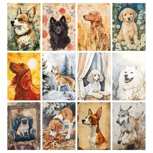 May include: A collection of watercolor paintings featuring various dog breeds. Each painting showcases a different dog, including a Corgi, Pomeranian, Golden Retriever, and others, in detailed and artistic settings. The artwork has a vintage aesthetic.
