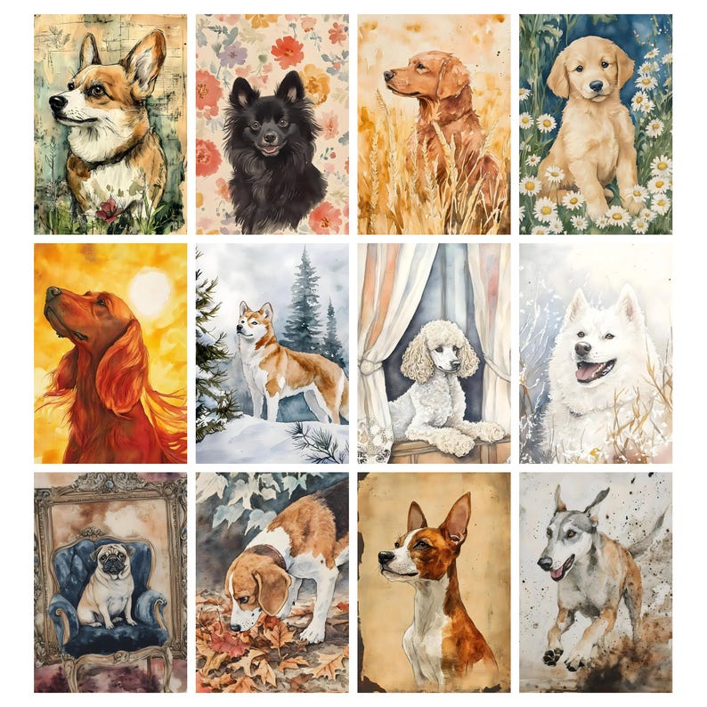 May include: A collection of watercolor paintings featuring various dog breeds. Each painting showcases a different dog, including a Corgi, Pomeranian, Golden Retriever, and others, in detailed and artistic settings. The artwork has a vintage aesthetic.